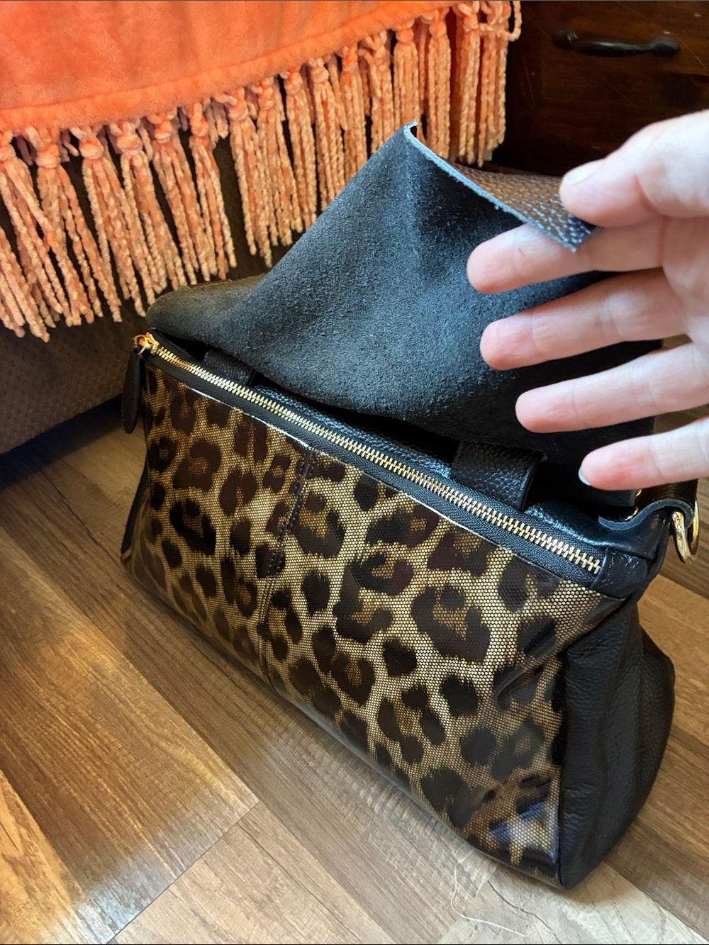 Structured Black Leather Satchel W/Leopard Accent Panel - Picture 6 of 16